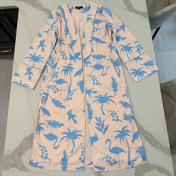 Lulus Tropical Flamingo Tree Print Duster Robe Womens Small Blush Pink/Blue Chic - Picture 2 of 9